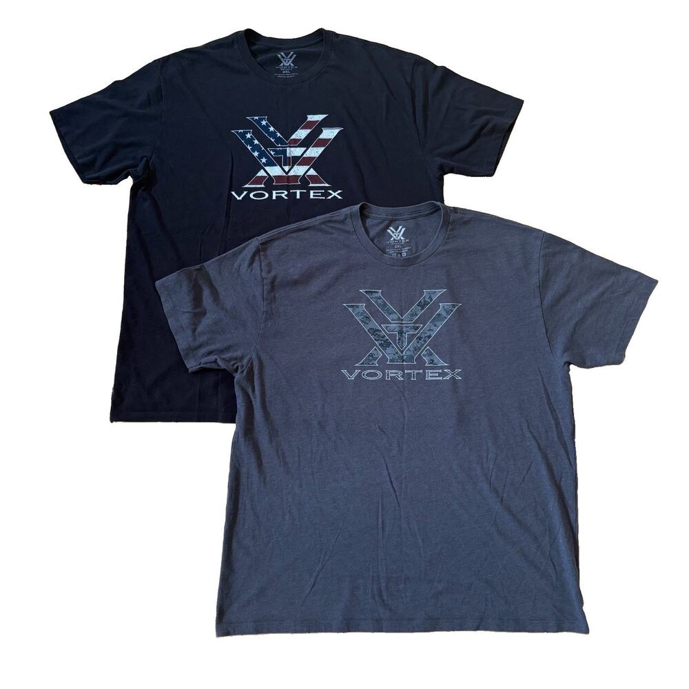 Vortex Optics Men’s Short Sleeve T-shirt Lot x2 Size XXL Black Gray Flag 2XL
